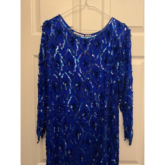 O.R. Silk Dress‎ Women's Small Blue Beaded Sequin Evening Cocktail Dress Vintage - Picture 2 of 15
